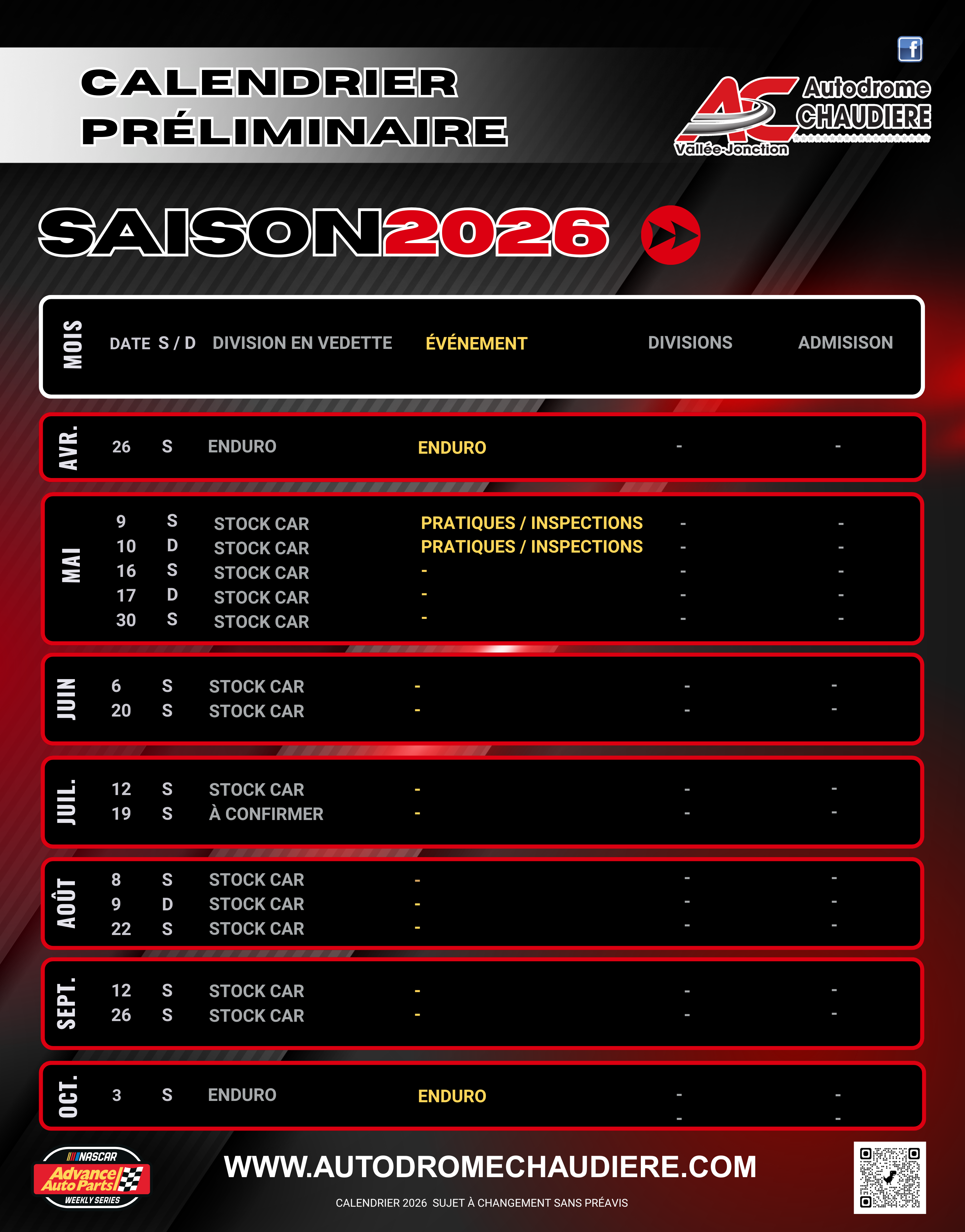 Calendrier 2026 - les dates sont déjà annoncées!