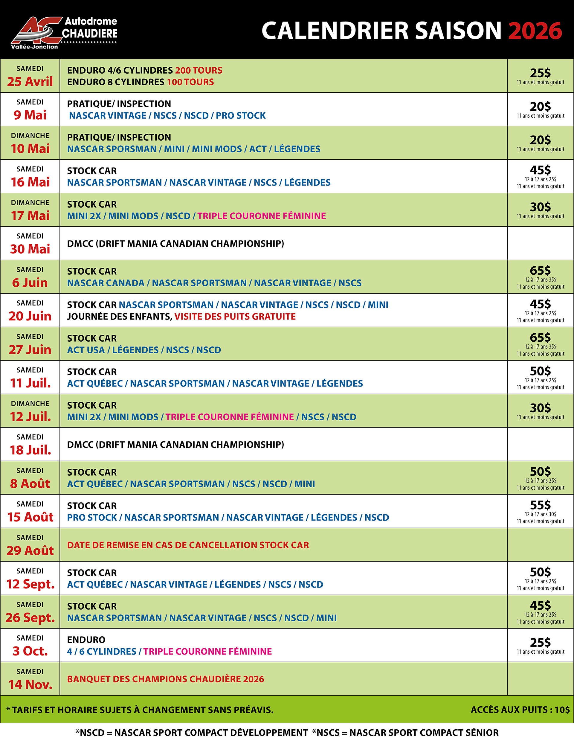 Calendrier officiel 2026